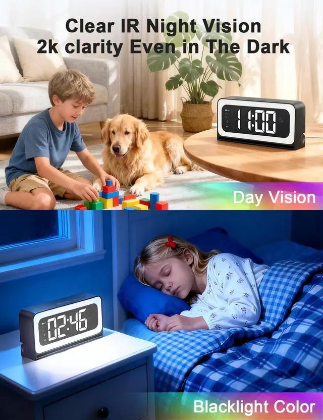 Alt view image 2 of 7 - 2K Alarm Clock Camera,5G&2.4G WiFi Nanny Cam Wireless Indoor Camera,Cameras for Home Security,AI Human Detection,Color Night Vision for Home/Pet