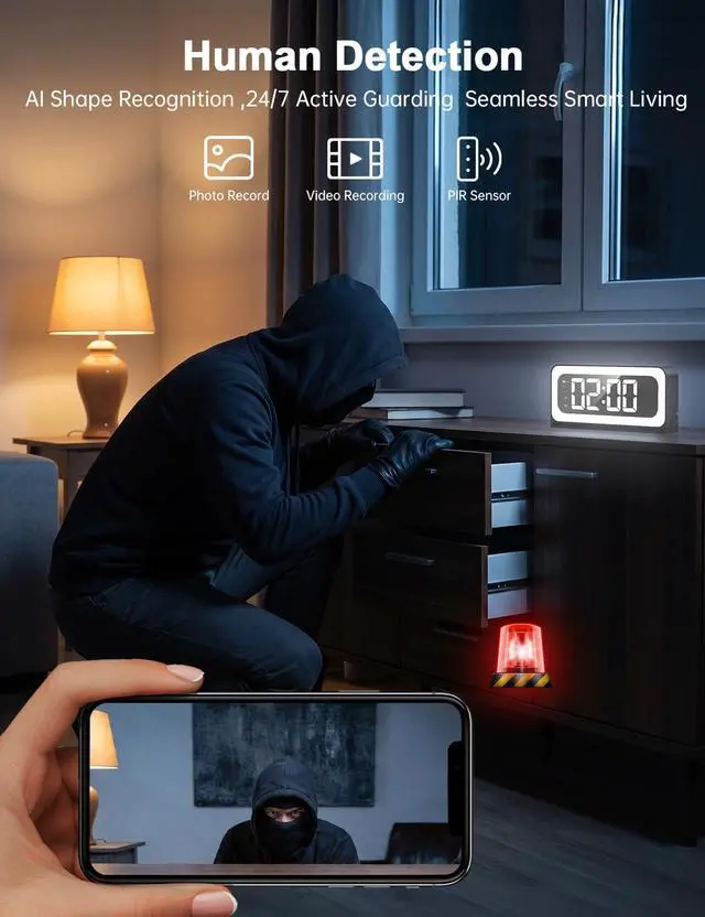Alt view image 4 of 7 - 2K Alarm Clock Camera,5G&2.4G WiFi Nanny Cam Wireless Indoor Camera,Cameras for Home Security,AI Human Detection,Color Night Vision for Home/Pet