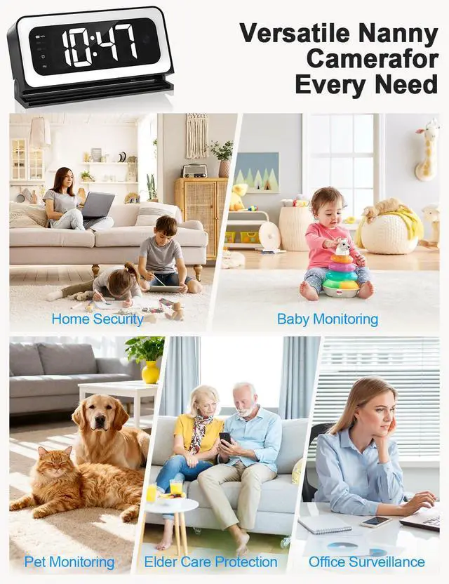 Alt view image 6 of 7 - 2K Alarm Clock Camera,5G&2.4G WiFi Nanny Cam Wireless Indoor Camera,Cameras for Home Security,AI Human Detection,Color Night Vision for Home/Pet