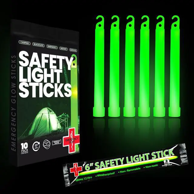 Main image of Emergency 10 Ultra Bright Green Glow Sticks - Individual Packed With Lanyard - For Camping Survival - Glow Lights for Blackouts, Hurricane and Storms- 6 Inch Chem Light Sticks with 12 Hour Duration