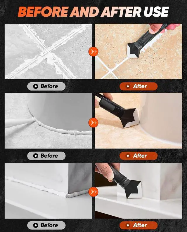Alt view image 6 of 7 - Silicone Caulking Tool 3-in-1 Grout Removal Tool and Sealant Finishing Scraper with Stainless Steelhead, Caulk Remover and Seam Repair Kit for Bathroom, Kitchen, Floor, Window and Sink Joints