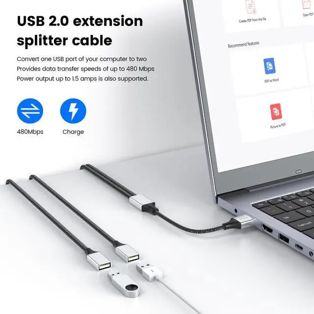 Alt view image 3 of 6 - USB Splitter Cable, 1m USB A Male to 2 Female Y-Cable Braided, Durable, Fast Data Transfer for Printer, Keyboard, Mouse, Flash Drive, LED Lights, PlayStation Plug & Play