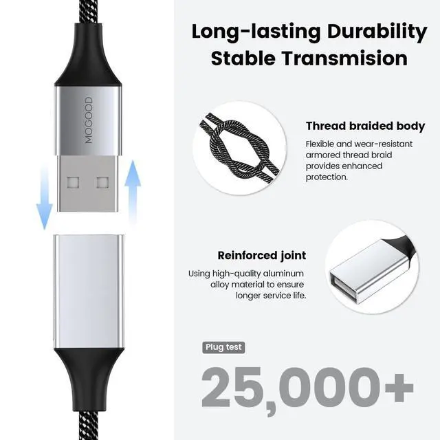 Alt view image 5 of 6 - USB Splitter Cable, 1m USB A Male to 2 Female Y-Cable Braided, Durable, Fast Data Transfer for Printer, Keyboard, Mouse, Flash Drive, LED Lights, PlayStation Plug & Play