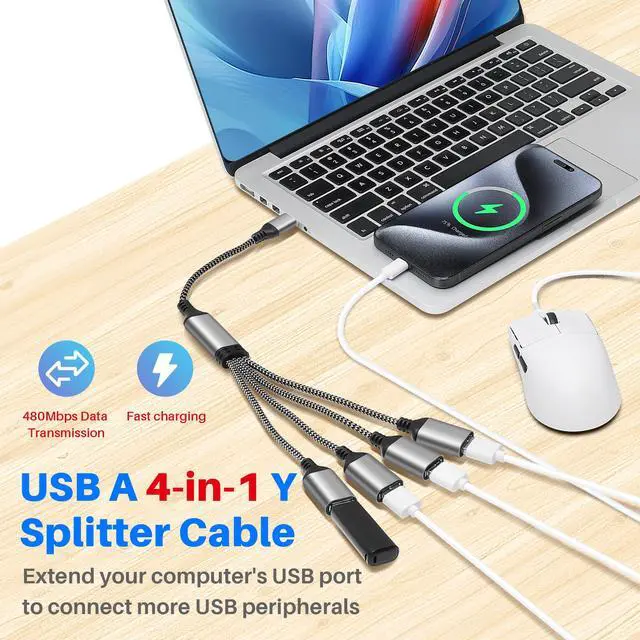 Alt view image 4 of 5 - USB Splitter 1-In-4 Out Y-Adapter Cable 2 Feet, USB-A Male to four 4 Female OTG Extension Cord, 4 USB Type-A Port Connector Extender Hub, Data Charger Power Split for Car, Laptop, Keyboard, Mouse, PS4