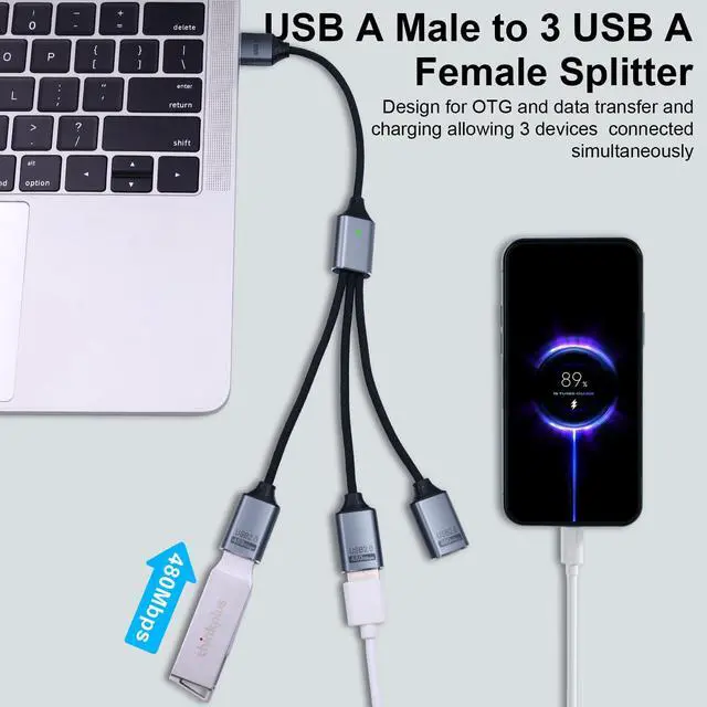 Alt view image 2 of 7 - USB Y Splitter 1 in 3 Out, USB Splitter Cable Type A 1 Male to 3 Female Charging Power Data Cable, 3 Port HUB for PC, Laptop, MacBook, Keyboard, PS5, Flash Drive, LED, 25cm