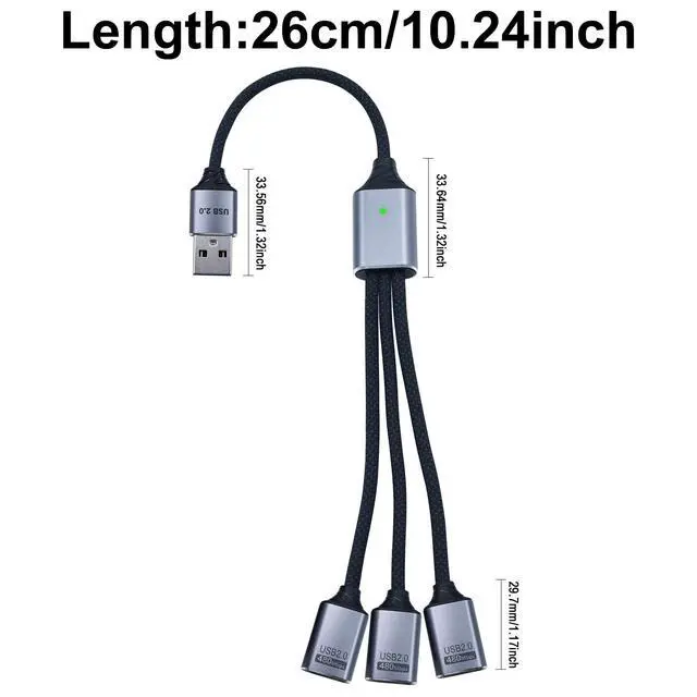 Alt view image 7 of 7 - USB Y Splitter 1 in 3 Out, USB Splitter Cable Type A 1 Male to 3 Female Charging Power Data Cable, 3 Port HUB for PC, Laptop, MacBook, Keyboard, PS5, Flash Drive, LED, 25cm