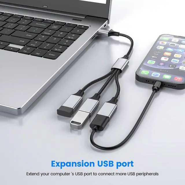 Alt view image 2 of 6 - USB Splitter Cable, 3 in 1 USB A Male to 3 Female Y-Cable Braided, Durable, Fast Data Transfer for Keyboard, Mouse, Flash Drive, Printer, LED Lights, Car, Laptop Plug & Play