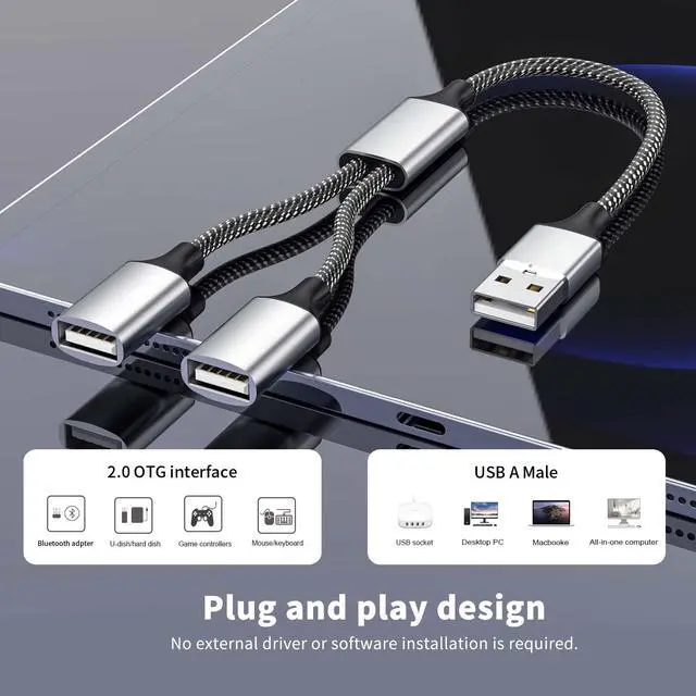 Alt view image 2 of 7 - USB A Splitter, USB A Male to 2 Female USBA Y Splitter, USB Splitter 1 in 2 Out Support Charging and Data Transfer for Printer/Keyboard/Flash Drive/PlayStation/Laptop/LED/Headsets Etc