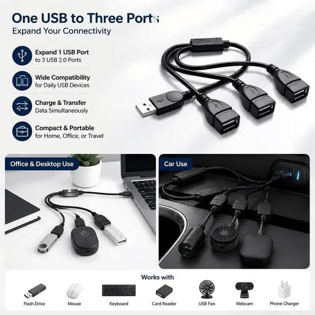 Alt view image 2 of 7 - USB Splitter 1 in 3 Out, USB 2.0 Y Splitter Cable, Male to 3 Female, Portable USB Hub for Laptop, PC, Car, PS5, Xbox - Data Transfer & Shared Charging