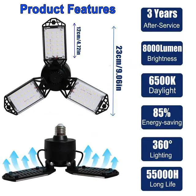Alt view image 3 of 7 - LED Garage Light, 80W 8000 Lumen Ceiling Lights with 3 Adjustable Panels, 6500K Daylight Light Bulb Fixture LED Lights for Garage, Workshop