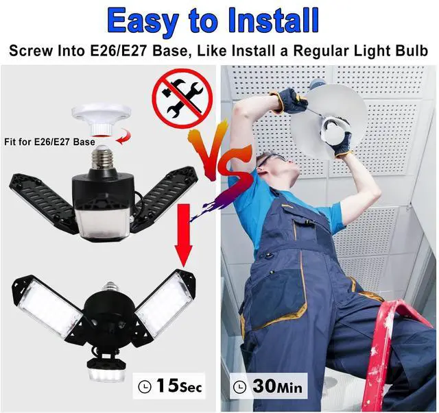 Alt view image 4 of 7 - LED Garage Light, 80W 8000 Lumen Ceiling Lights with 3 Adjustable Panels, 6500K Daylight Light Bulb Fixture LED Lights for Garage, Workshop