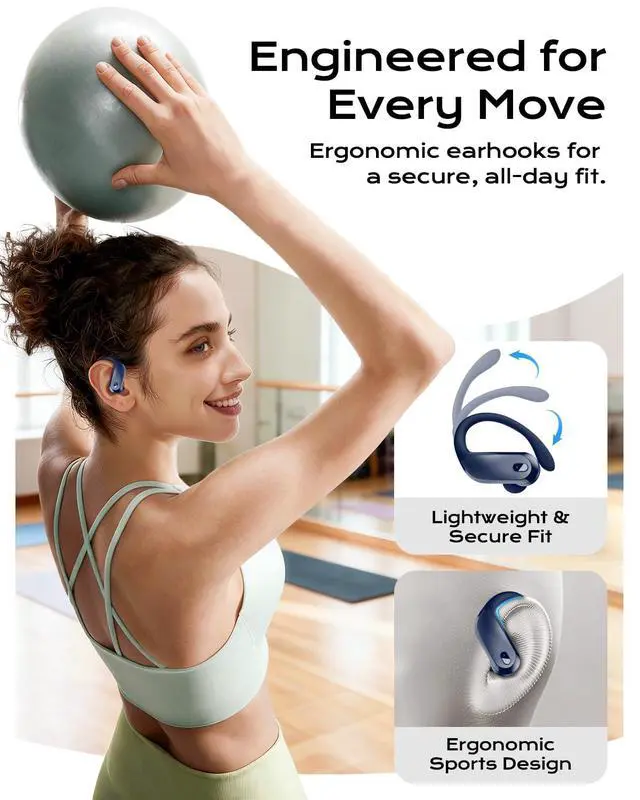 Alt view image 2 of 6 - Wireless Earbuds Bluetooth 5.3 Sport Headphones with Earhooks,IPX7 Waterproof Earphones,48H Playtime Earbuds,Lightweight 7.8g,Noise Cancelling Mic Bluetooth Headphones for Running & Workout-Navy