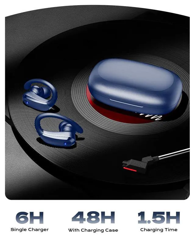 Alt view image 3 of 6 - Wireless Earbuds Bluetooth 5.3 Sport Headphones with Earhooks,IPX7 Waterproof Earphones,48H Playtime Earbuds,Lightweight 7.8g,Noise Cancelling Mic Bluetooth Headphones for Running & Workout-Navy