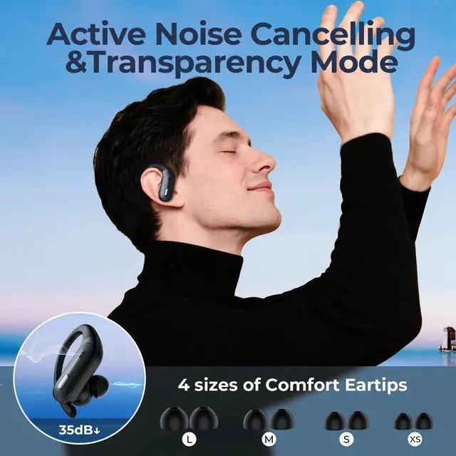 Alt view image 2 of 7 - Active Noise Cancelling Wireless Earbuds Bluetooth Headphones 90 Hrs Playtime Ear Buds with Hi-Res Stereo Deep Bass Power Display Earphones with Earhooks Waterproof Transparency Headset Sports/Running
