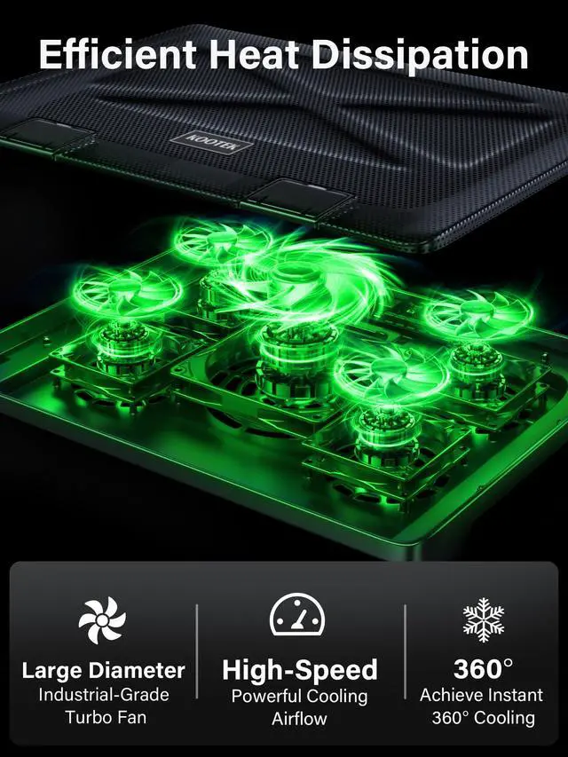 Alt view image 2 of 7 - Laptop Cooling Pad, Laptop Cooler with 5 Quiet Fans for 12"-17" Computer PC Notebook Gaming Laptop Fan, Height Adjustable Laptop Cooling Stand Laptop Accessories, Green