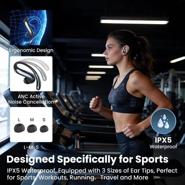 Alt view image 7 of 7 - Wireless Earbuds Bluetooth 6.0 Headphone, Sport Bluetooth Earbuds Stereo Deep Bass Over Ear Bud with Earhooks,Active Noise Cancellation, Bluetooth Headphones for Gym/Running/Workout Black