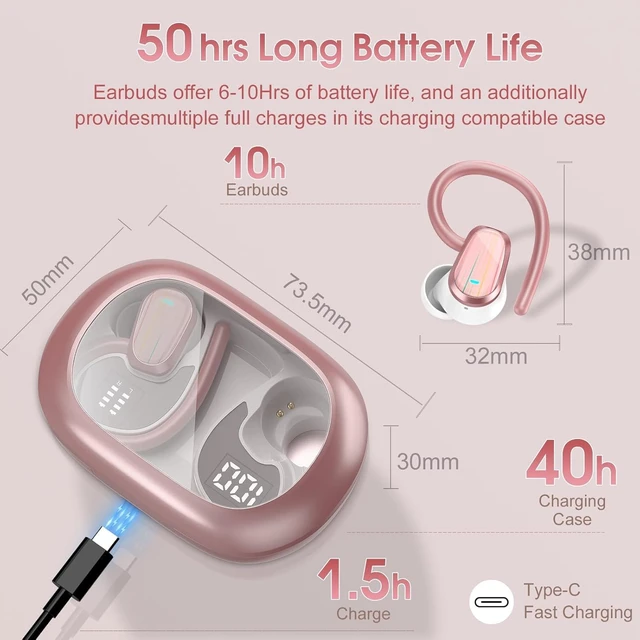 Alt view image 6 of 7 - Wireless Earbuds Bluetooth 5.4, 50H Playtime Sport Earphones with Earhooks HiFi Stereo Bluetooth Hearphones with ENC Noise Cancelling Mic, IPX7 Waterproof Over the Ear Buds, Rose
