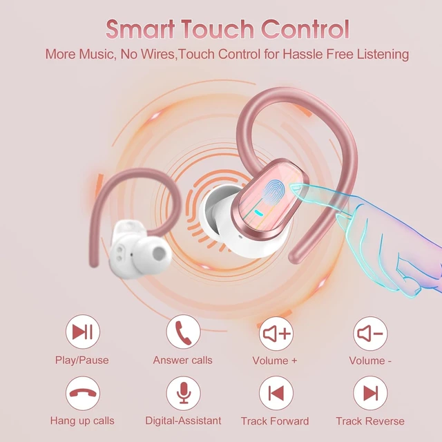 Alt view image 7 of 7 - Wireless Earbuds Bluetooth 5.4, 50H Playtime Sport Earphones with Earhooks HiFi Stereo Bluetooth Hearphones with ENC Noise Cancelling Mic, IPX7 Waterproof Over the Ear Buds, Rose