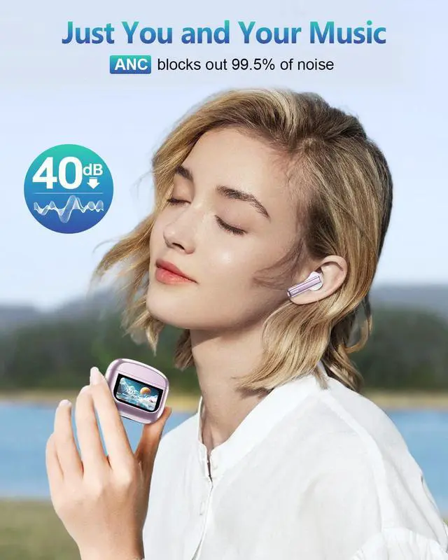 Alt view image 2 of 5 - Wireless Earbuds Bluetooth Headphones, ANC/ENC Noise Cancelling, Ear Buds with Multifuntional Touch Screen, 40H Stereo Sound for Sports, IPX7 Clear Calls, 5 EQ for iOS Android (Pink)