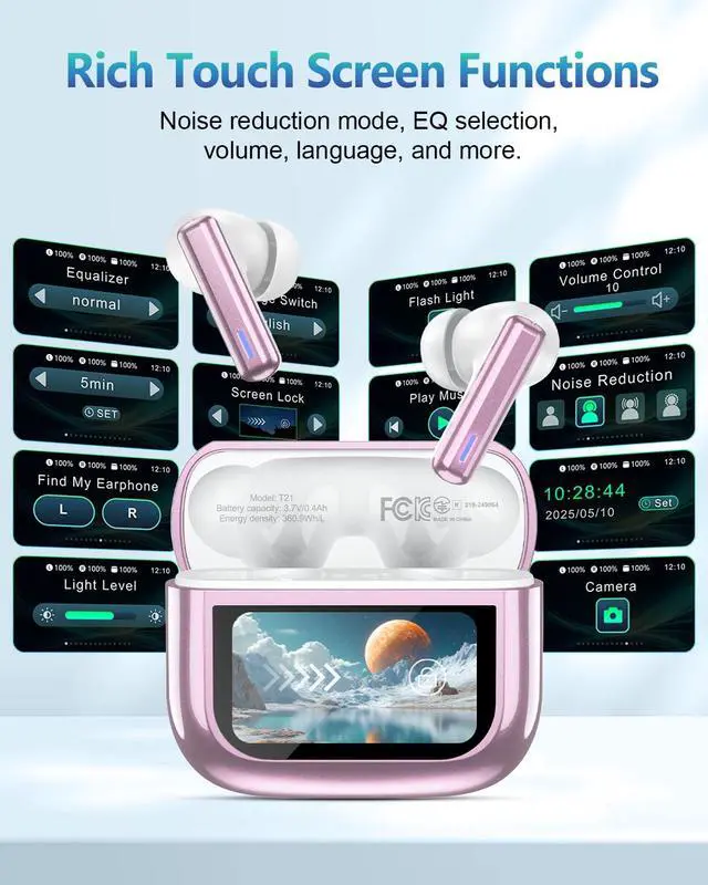 Alt view image 3 of 5 - Wireless Earbuds Bluetooth Headphones, ANC/ENC Noise Cancelling, Ear Buds with Multifuntional Touch Screen, 40H Stereo Sound for Sports, IPX7 Clear Calls, 5 EQ for iOS Android (Pink)