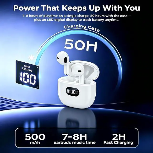 Alt view image 3 of 7 - Wireless Earbuds,Bluetooth 5.4 Headphones with LED Display, Stereo Sound Clear Call,IPX7 Waterproof Bluetooth Earbuds with 50h Battery Last,ENC Noise Cancelling in Ear Earphones