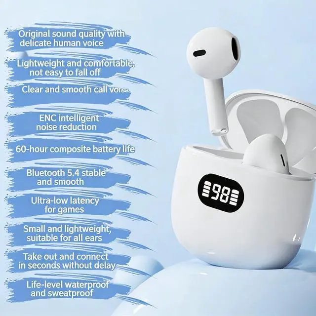 Alt view image 6 of 7 - Wireless Earbuds,Bluetooth 5.4 Headphones with LED Display, Stereo Sound Clear Call,IPX7 Waterproof Bluetooth Earbuds with 50h Battery Last,ENC Noise Cancelling in Ear Earphones