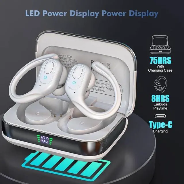 Alt view image 2 of 7 - Wireless Earbuds, Sports Bluetooth Headphones, 75Hrs Playtime Ear Buds with LED Power Display, Noise Canceling Headset, IPX7 Waterproof Earphones for Workout/Running