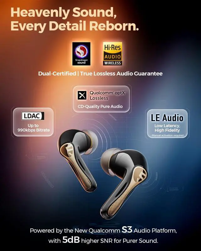 Alt view image 5 of 7 - Air5 Pro+ Wireless Earbuds, LDAC & aptX Lossless, 55dB ANC | Snapdragon Sound Certified, Hi-Res LE Audio, 10mm Bio-Diaphragm Driver, Bluetooth 5.4, 3 MIC AI ANC Wind Noise Reduction