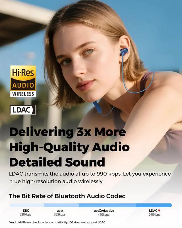 Alt view image 2 of 7 - HD Sports Neckband Headphones with LDAC Hi-Res Audio & Bluetooth 6.0 Stable Connection, IP67 Waterproof Wireless Earbuds, 20H Playtime for Running Gym, Fast Charge Dual Pairing,Blue
