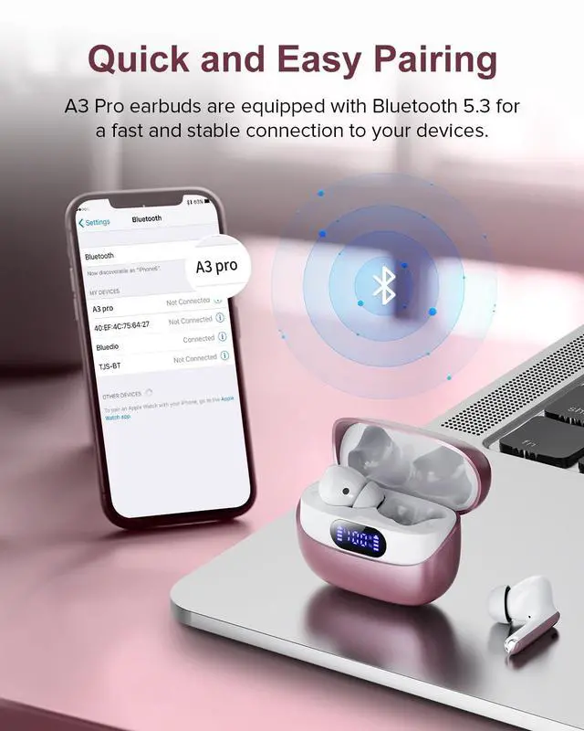 Alt view image 3 of 7 - Wireless Earbuds, 42H Playtime Bluetooth 5.3 Headphones, HiFi Stereo Call Noise Cancelling Earbuds, IPX7 Waterproof Stereo in-Ear Earphones with LED Display for iOS Android (Elegant Rose Gold)