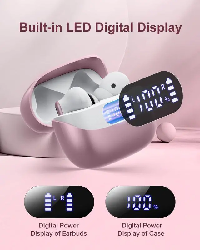 Alt view image 4 of 7 - Wireless Earbuds, 42H Playtime Bluetooth 5.3 Headphones, HiFi Stereo Call Noise Cancelling Earbuds, IPX7 Waterproof Stereo in-Ear Earphones with LED Display for iOS Android (Elegant Rose Gold)