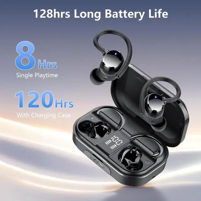 Alt view image 2 of 7 - Wireless Earbuds, Bluetooth 5.4 Sport Headphones, 128H Playtime Over Ear Buds for Small Ear, Stereo Deep Bass, Sport Wireless Bluetooth Earphones, IPX7 Waterproof Running Headphones for iOS Android