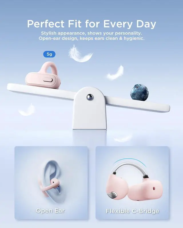 Alt view image 5 of 7 - Open Ear Clip-On Earbuds X8 with AI ENC & Powerful Bass, Wireless Bluetooth 6.0, IPX4 Sweatproof Fitness Headphones, Physical Buttons, 5g Lightweight Ear Buds with Multi-Device Switching, Pink