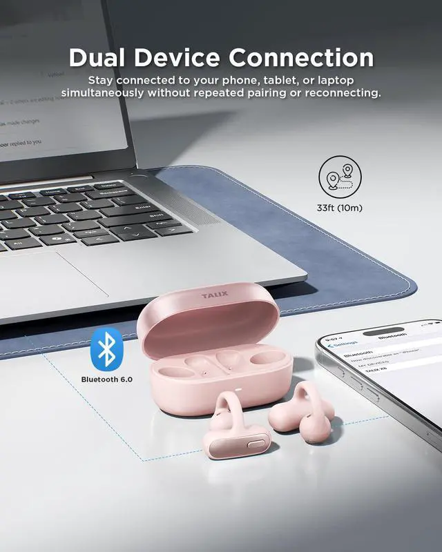 Alt view image 6 of 7 - Open Ear Clip-On Earbuds X8 with AI ENC & Powerful Bass, Wireless Bluetooth 6.0, IPX4 Sweatproof Fitness Headphones, Physical Buttons, 5g Lightweight Ear Buds with Multi-Device Switching, Pink