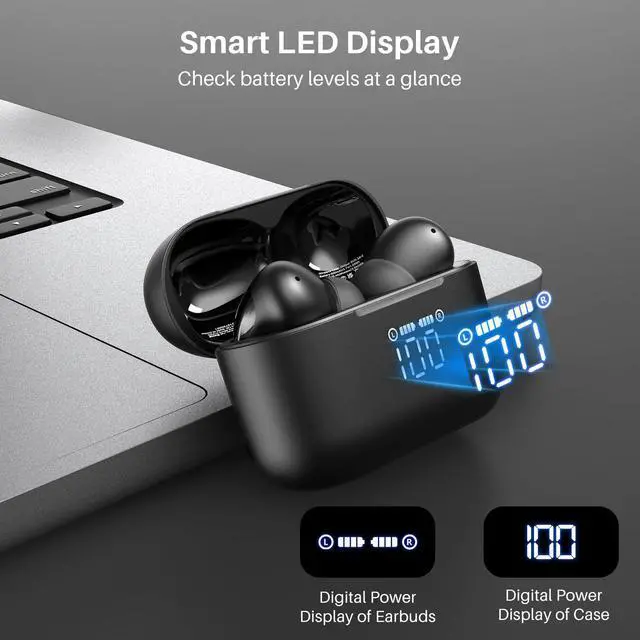 Alt view image 3 of 7 - T20 Wireless Earbuds 97H Playtime, Wireless Charging LED Display Case | 10mm Deep Bass Sound, Dual Mic ENC Clear Calls, IPX8 Waterproof, Bluetooth 5.3, Comfortable Fit Ear Buds For Daily Use