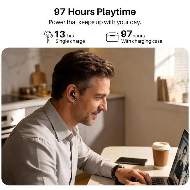 Alt view image 7 of 7 - T20 Wireless Earbuds 97H Playtime, Wireless Charging LED Display Case | 10mm Deep Bass Sound, Dual Mic ENC Clear Calls, IPX8 Waterproof, Bluetooth 5.3, Comfortable Fit Ear Buds For Daily Use