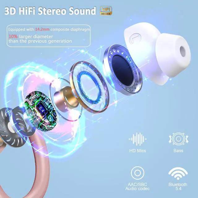Alt view image 2 of 7 - Wireless Earbuds Sport, Bluetooth 5.4 Headphones Bass Hi-Fi Stereo Over Ear Buds, 56Hrs CFZNoise Cancelling Headset with Earhook, IP-X7 Waterproof Earphones Workout Running for Laptop Pad Android iOS