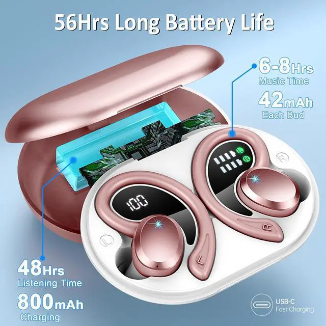 Alt view image 4 of 7 - Wireless Earbuds Sport, Bluetooth 5.4 Headphones Bass Hi-Fi Stereo Over Ear Buds, 56Hrs CFZNoise Cancelling Headset with Earhook, IP-X7 Waterproof Earphones Workout Running for Laptop Pad Android iOS