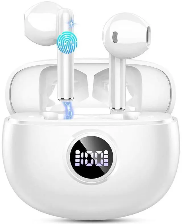 Main image of Wireless Earbuds, Bluetooth Headphones, Stereo Bass Ear Buds with ENC Noise Cancelling Mics, Bluetooth Earbuds with LED Display Charging Case, IP7 Waterproof Earphones for Android iOS/Light white