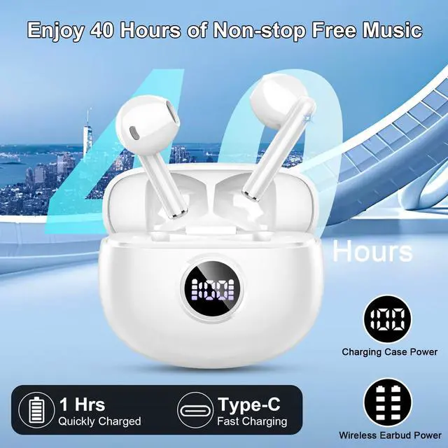 Alt view image 4 of 7 - Wireless Earbuds, Bluetooth Headphones, Stereo Bass Ear Buds with ENC Noise Cancelling Mics, Bluetooth Earbuds with LED Display Charging Case, IP7 Waterproof Earphones for Android iOS/Light white