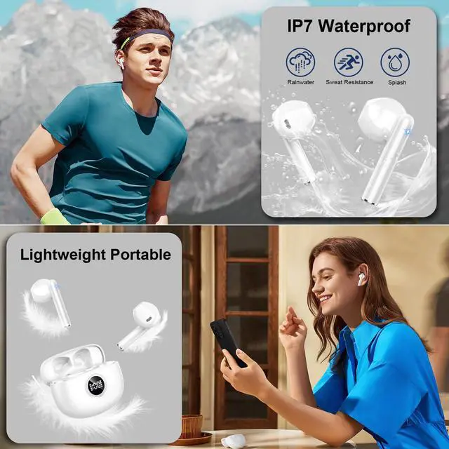 Alt view image 5 of 7 - Wireless Earbuds, Bluetooth Headphones, Stereo Bass Ear Buds with ENC Noise Cancelling Mics, Bluetooth Earbuds with LED Display Charging Case, IP7 Waterproof Earphones for Android iOS/Light white