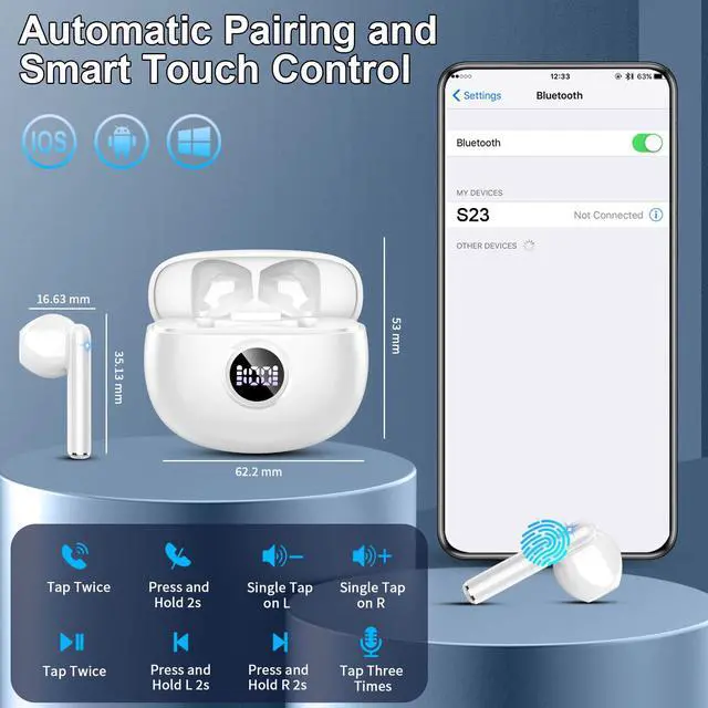 Alt view image 7 of 7 - Wireless Earbuds, Bluetooth Headphones, Stereo Bass Ear Buds with ENC Noise Cancelling Mics, Bluetooth Earbuds with LED Display Charging Case, IP7 Waterproof Earphones for Android iOS/Light white