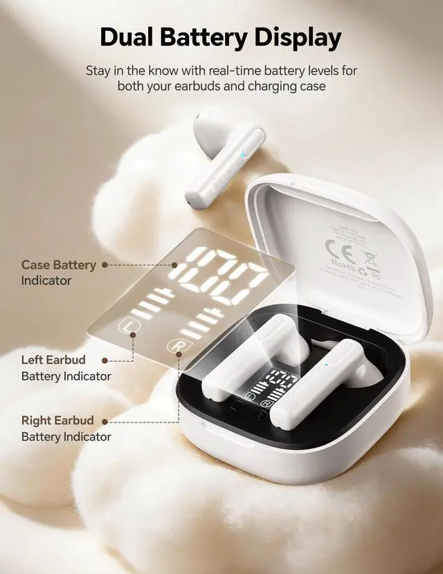 Alt view image 2 of 7 - True Wireless Earbuds Bluetooth Headphones: Ultra-Lightweight White | All-Day Comfort, Waterproof,25H Playtime, TWS Ear Buds with Mic, Earphones for iOS/Android, Work, Commute, Study