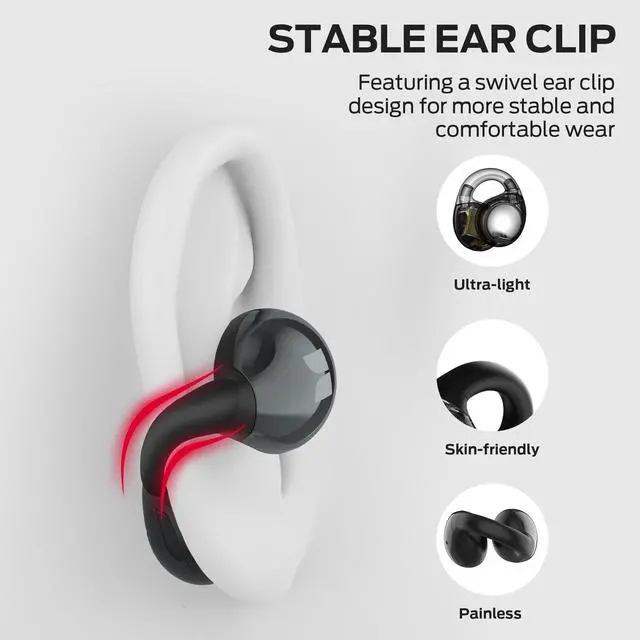 Alt view image 3 of 7 - Monster Open Ear AC600 Headphones, Bluetooth 5.4 Wireless Earbuds with HiFi Stereo, Clip-On Earbuds with ENC Clear Call, 21H Playtime, IPX6 Waterproof Wireless Headphones for Outdoor Exercise,Black