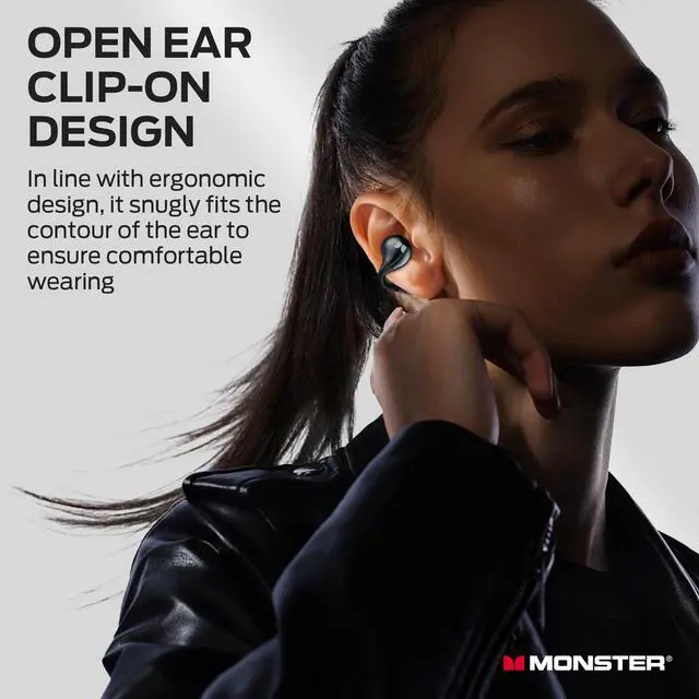 Alt view image 7 of 7 - Monster Open Ear AC600 Headphones, Bluetooth 5.4 Wireless Earbuds with HiFi Stereo, Clip-On Earbuds with ENC Clear Call, 21H Playtime, IPX6 Waterproof Wireless Headphones for Outdoor Exercise,Black