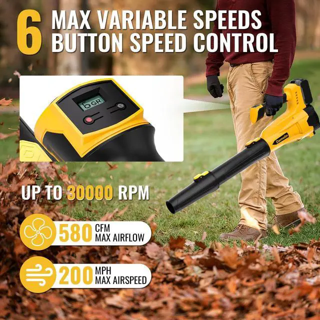 Alt view image 3 of 7 - Cordless Leaf Blower Compatible with Dewalt 20V Max Battery 580CFM Electric Leaf Blower Cordless, with Turbo Boost, 6 Speed Modes Brushless Motor, Battery Powered for Lawn Care, Yard (Yellow)