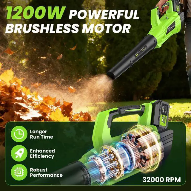 Alt view image 2 of 6 - 36000 RPM Leaf Blower Cordless 21V with 2 × 4.0Ah Batteries, Charger and Weight-Reducing Strap, 320MPH Cordless Leaf Blower for Snow, Car, Yard, Lawn, Garage Cleaning, Bright Green