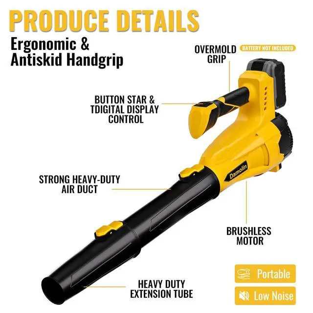 Alt view image 7 of 7 - Cordless Leaf Blower Compatible with Dewalt 20V Max Battery 580CFM Electric Leaf Blower Cordless, with Turbo Boost, 6 Speed Modes Brushless Motor, Battery Powered for Lawn Care, Yard (Yellow)