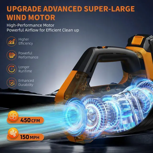 Alt view image 2 of 7 - 2026 Upgrade Leaf Blower, Leaf Blower Cordless with 2 * 2.6AH Batteries and Fast Charger, 450CFM &150MPH and 2 Speed Mode, Lightweight Electric Leaf Blowers for Lawn, Yard, Leaves, Dust Car (Orange)