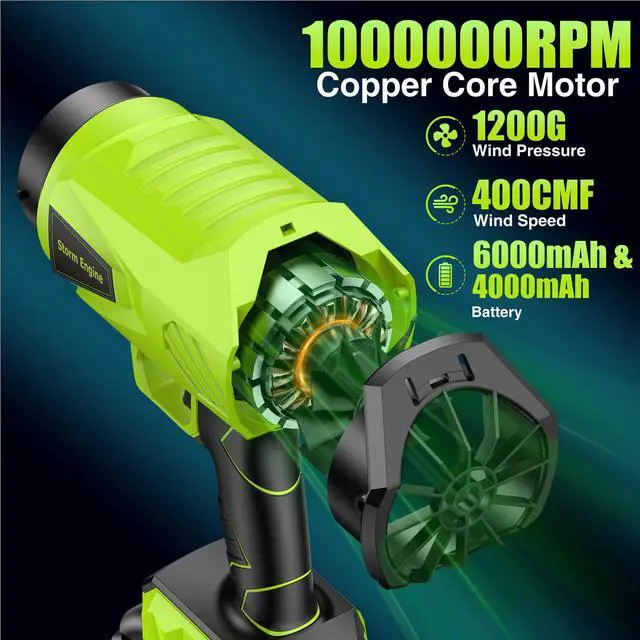 Alt view image 2 of 7 - Leaf Blower Cordless with Battery and Charger 1000,000 RPM Handheld Lightweight Patio Cleaning Blower Set Extended Nozzle Design Blowing Leaves and Dust Car Dryer (Green)